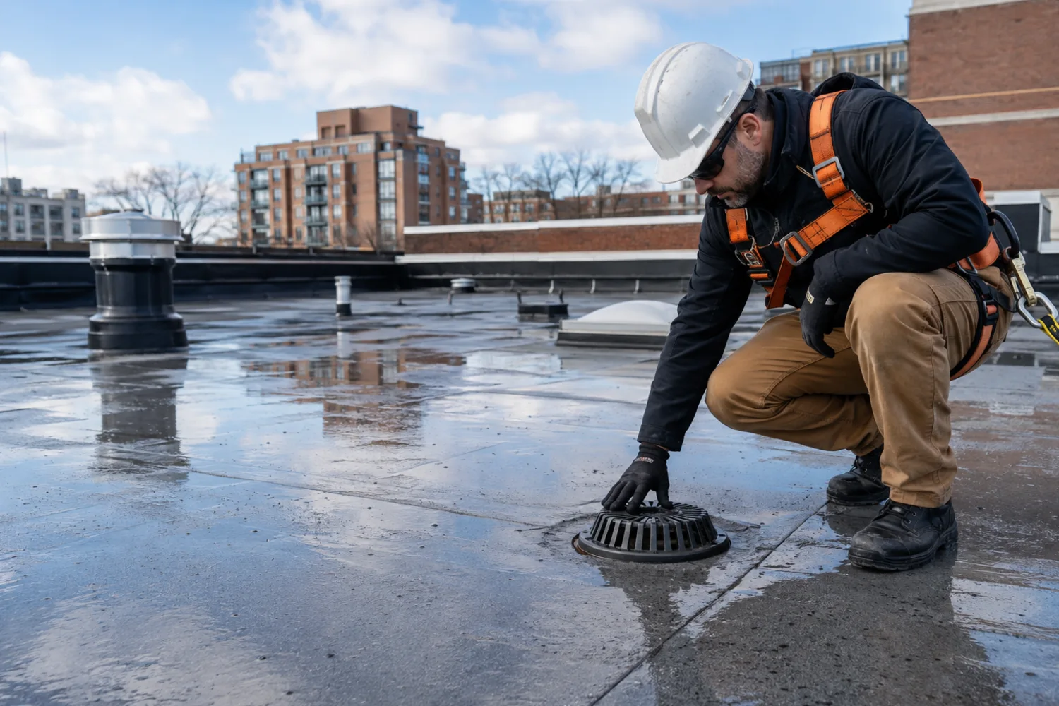 Flat roof repair in Toronto: ponding, seams, drains and flashings