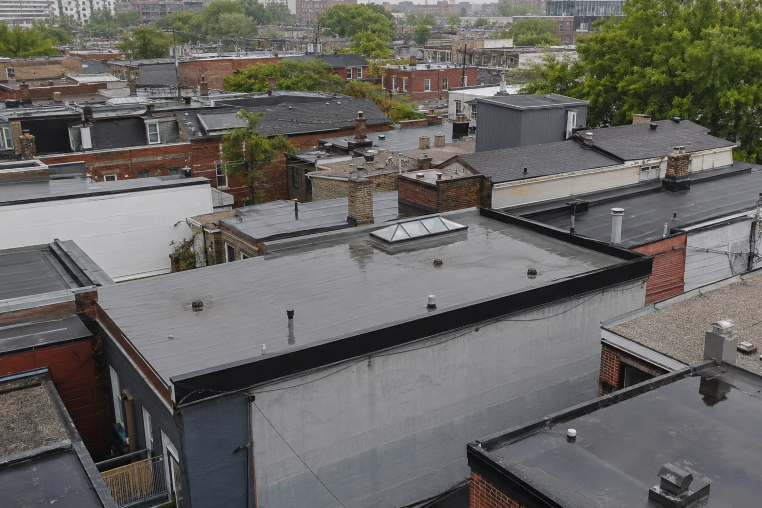 Toronto modified bitumen roofs assessed at laps, drains and walls